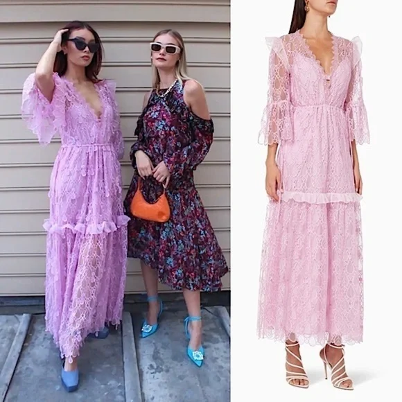 NWT SELF PORTRAIT Lilac Crochet Mesh Lace Tiered Ruffle Fairycore Maxi Dress 6 - Picture 4 of 16